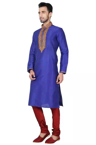 Royal blue art silk mens  kurta with churidar set