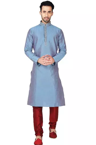 Multi color  art silk mens  kurta with churidar set