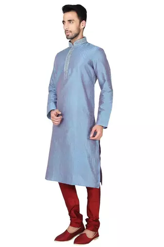 Multi color  art silk mens  kurta with churidar set