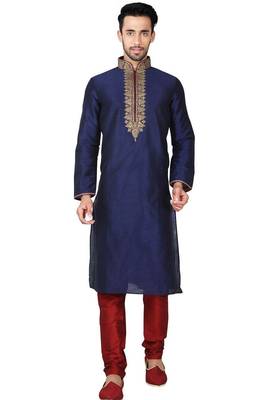 Navy blue art silk mens  kurta with churidar set 1