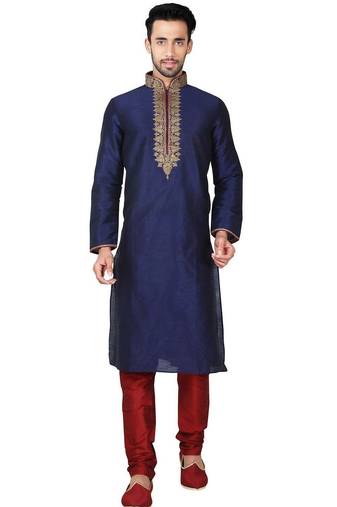 Navy blue art silk mens  kurta with churidar set