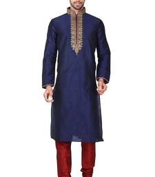 Navy blue art silk mens  kurta with churidar set