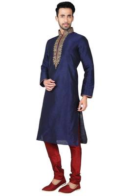 Navy blue art silk mens  kurta with churidar set 2