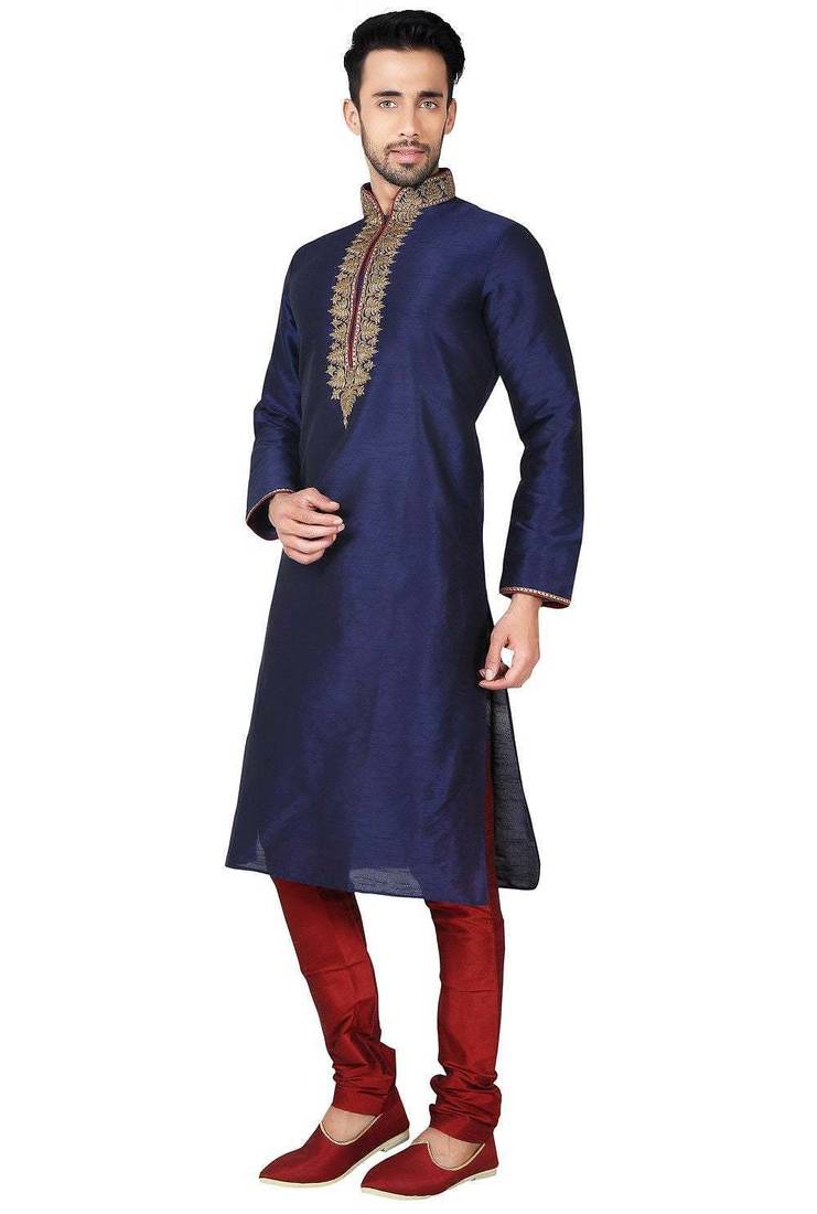 Navy blue art silk mens  kurta with churidar set