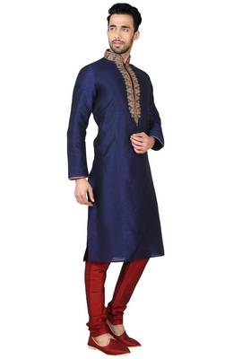 Navy blue art silk mens  kurta with churidar set 3