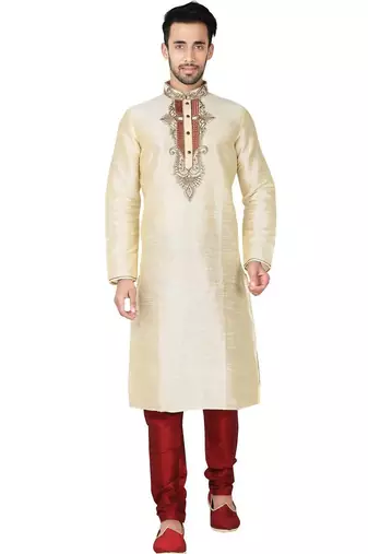 Fawn  art silk mens  kurta with churidar set