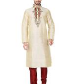 Fawn  art silk mens  kurta with churidar set