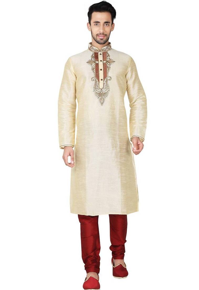 Fawn  art silk mens  kurta with churidar set