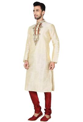 Fawn  art silk mens  kurta with churidar set 2