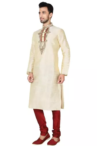 Fawn  art silk mens  kurta with churidar set