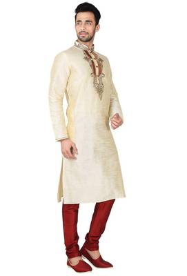 Fawn  art silk mens  kurta with churidar set 3