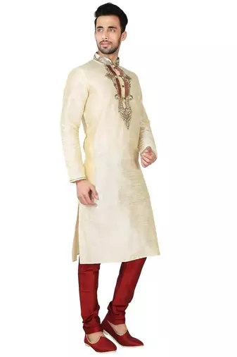 Fawn  art silk mens  kurta with churidar set