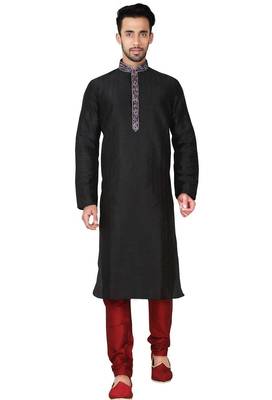 Black art silk mens  kurta with churidar set 1