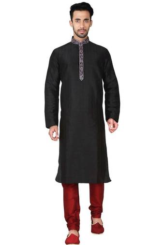 Black art silk mens  kurta with churidar set