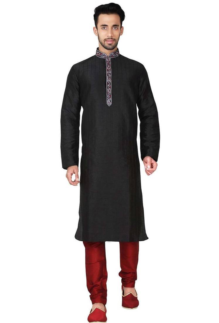 Black art silk mens  kurta with churidar set