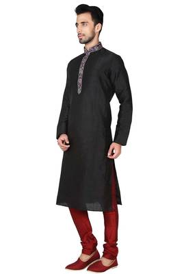 Black art silk mens  kurta with churidar set 2