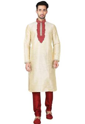 Fawn  art silk mens  kurta with churidar set 1