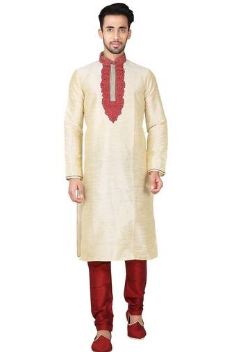 Fawn  art silk mens  kurta with churidar set