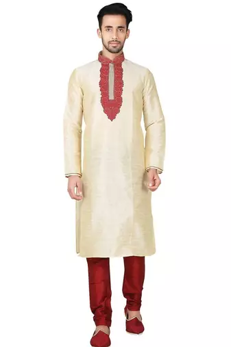 Fawn  art silk mens  kurta with churidar set