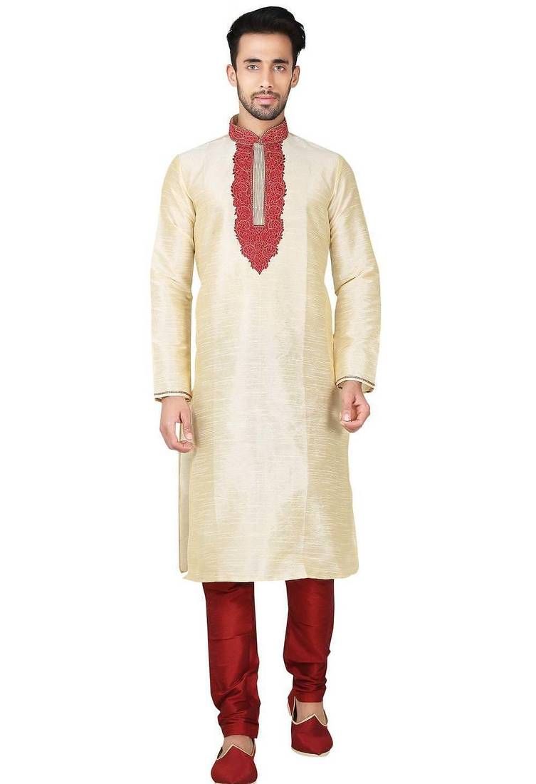 Fawn  art silk mens  kurta with churidar set