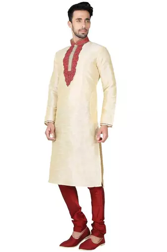 Fawn  art silk mens  kurta with churidar set