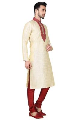 Fawn  art silk mens  kurta with churidar set 3