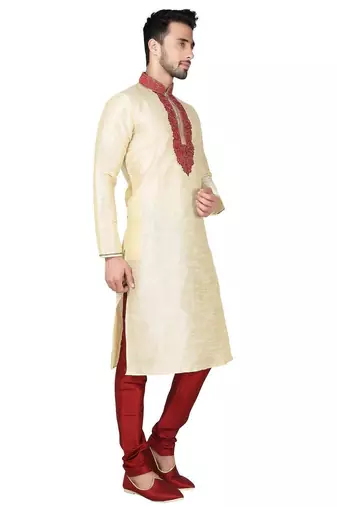 Fawn  art silk mens  kurta with churidar set