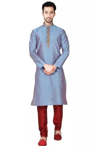Multi color  art silk mens  kurta with churidar set