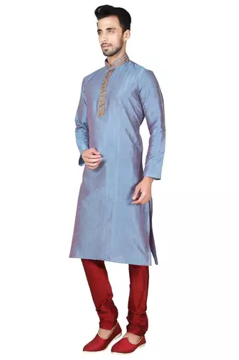 Multi color  art silk mens  kurta with churidar set