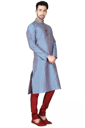 Multi color  art silk mens  kurta with churidar set