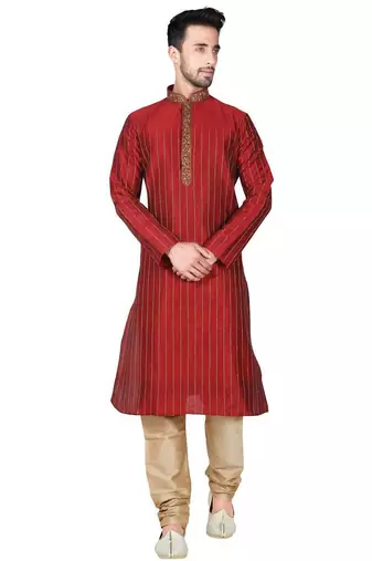 Maroon  art silk mens  kurta with churidar set