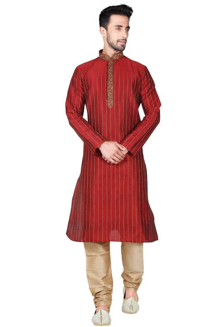 Maroon  art silk mens  kurta with churidar set