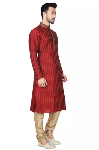 Maroon  art silk mens  kurta with churidar set