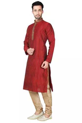 Maroon  art silk mens  kurta with churidar set