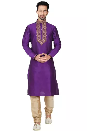 Purple art silk mens  kurta with churidar set