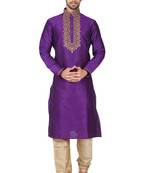 Purple art silk mens  kurta with churidar set