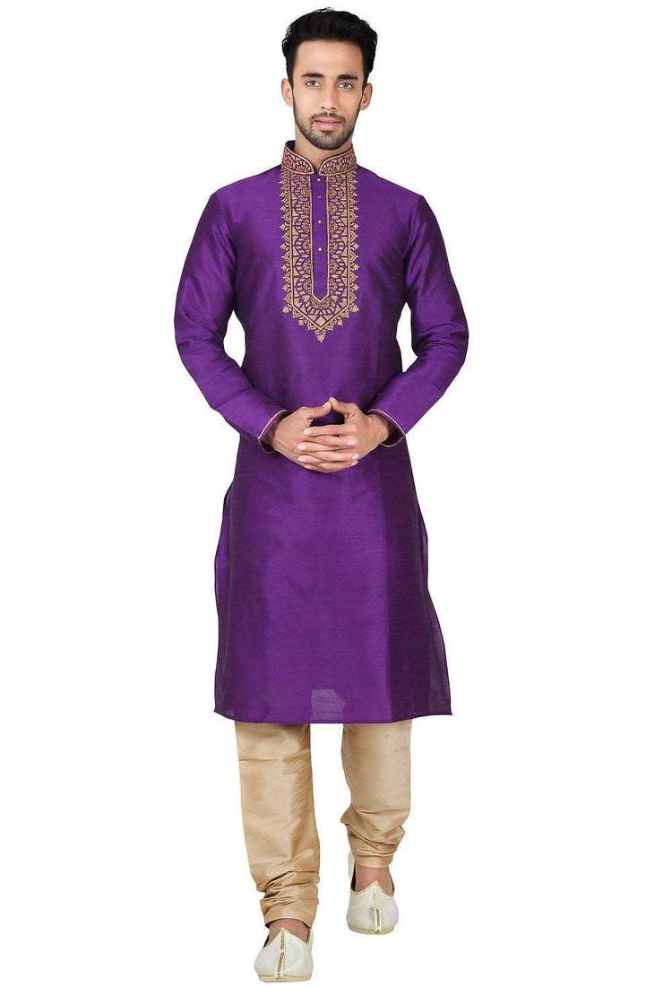 Purple art silk mens  kurta with churidar set