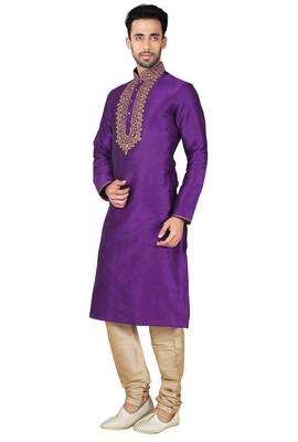 Purple art silk mens  kurta with churidar set 2