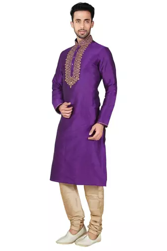 Purple art silk mens  kurta with churidar set