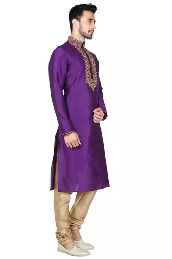 Purple art silk mens  kurta with churidar set