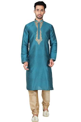 Rama green art silk mens  kurta with churidar set