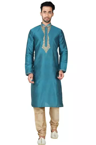 Rama green art silk mens  kurta with churidar set