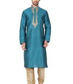 Rama green art silk mens  kurta with churidar set