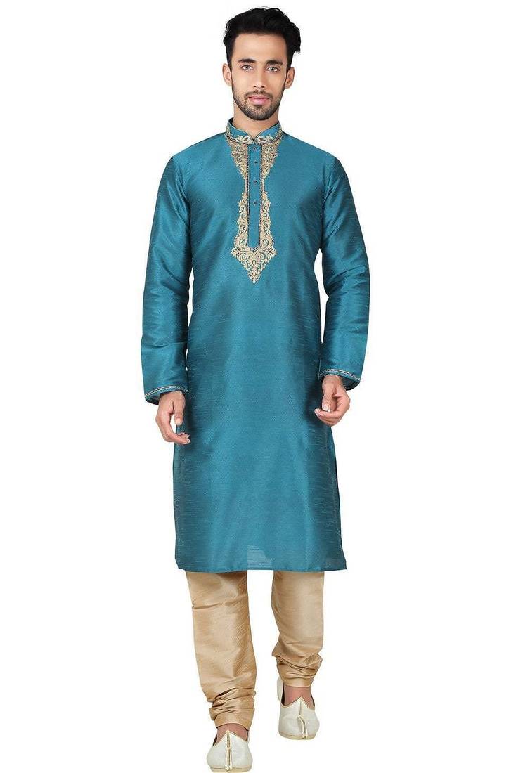 Rama green art silk mens  kurta with churidar set