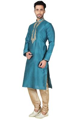 Rama green art silk mens  kurta with churidar set 2
