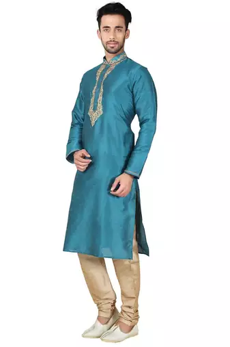 Rama green art silk mens  kurta with churidar set