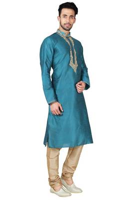 Rama green art silk mens  kurta with churidar set 3