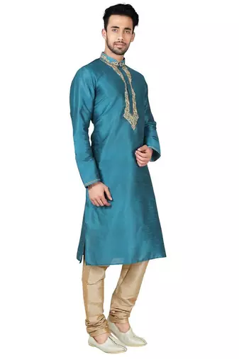 Rama green art silk mens  kurta with churidar set