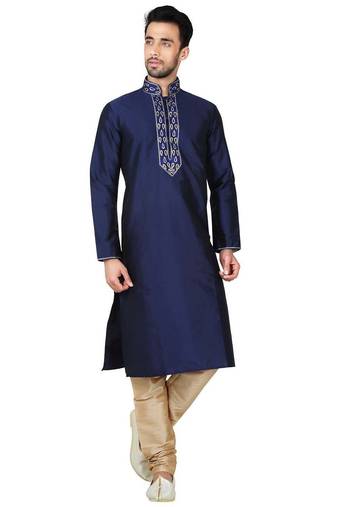 Navy blue tufetta mens  kurta with churidar set