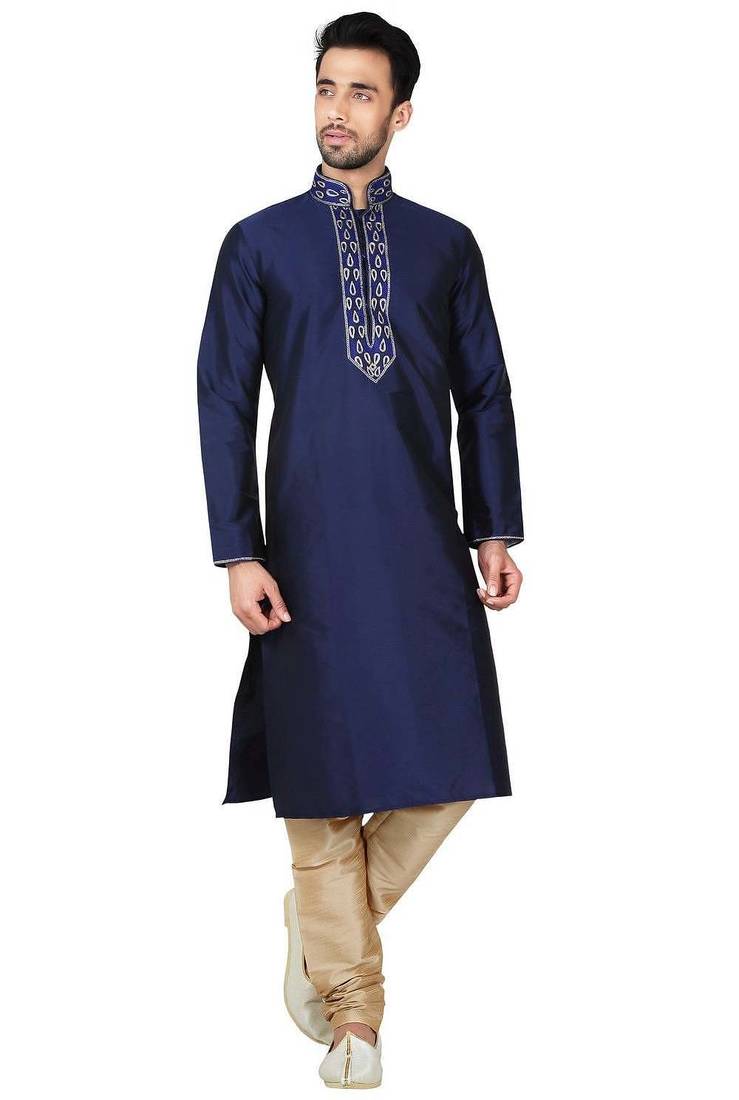 Navy blue tufetta mens  kurta with churidar set